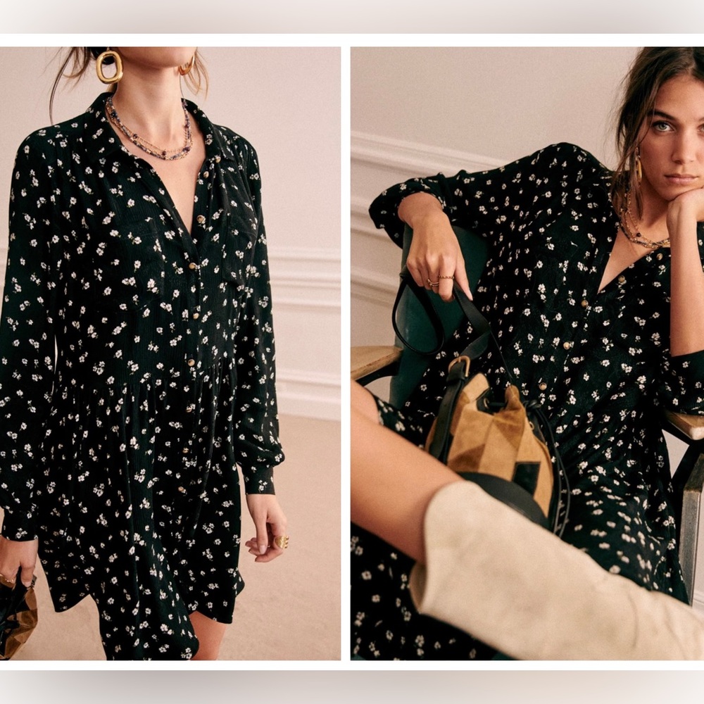 Sézane Leana Dress in Black Two-toned Floral Jacquard EU 42 US 10